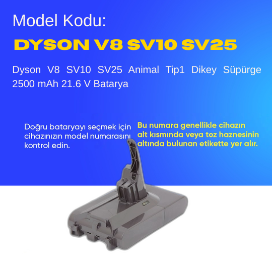 Dyson V8 SV10 SV25 Animal Tip1 Dikey Süpürge 2500 mAh 21.6 V  Batarya – Orjinal Uyumlu Uzun Ömürlü, Yüksek Performans Pil