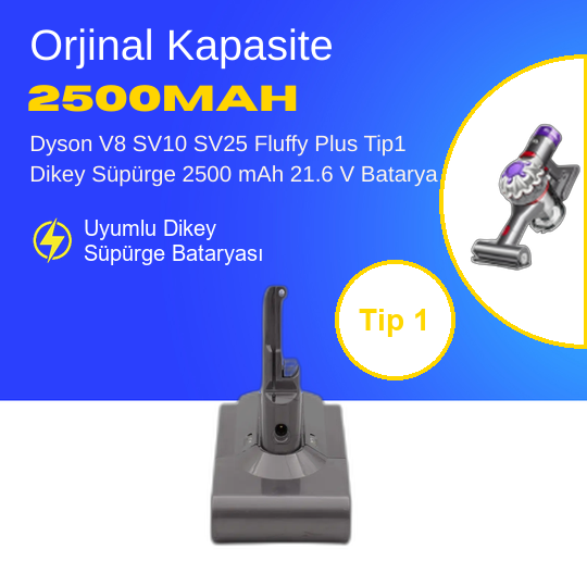 Dyson V8 SV10 SV25 Fluffy Plus Tip1 Dikey Süpürge 2500 mAh 21.6 V  Batarya – Orjinal Uyumlu Uzun Ömürlü, Yüksek Performans Pil