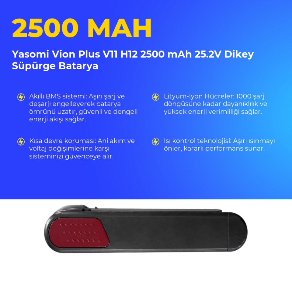 Yasomi Vion Plus V11 H12 2500 mAh 25.2V Dikey Süpürge Batarya
