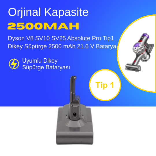 Dyson V8 SV10 SV25 Absolute Pro Tip1 Dikey Süpürge 2500 mAh 21.6 V  Batarya – Orjinal Uyumlu Uzun Ömürlü, Yüksek Performans Pil
