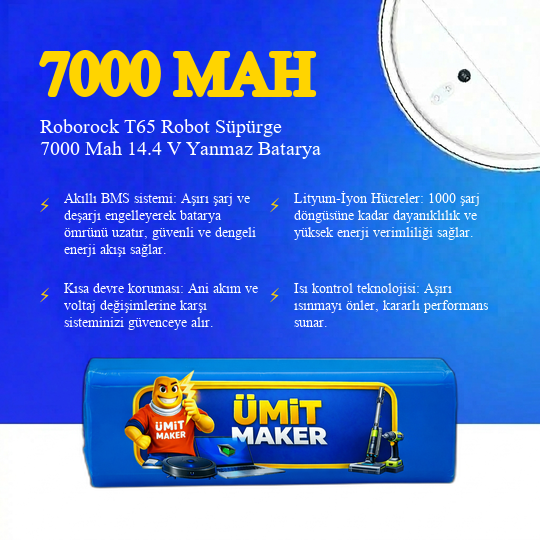 Roborock T65 Robot Süpürge 7000 Mah 14.4 V Yanmaz Batarya – Orjinal Uyumlu Uzun Ömürlü, Yüksek Performans Pil