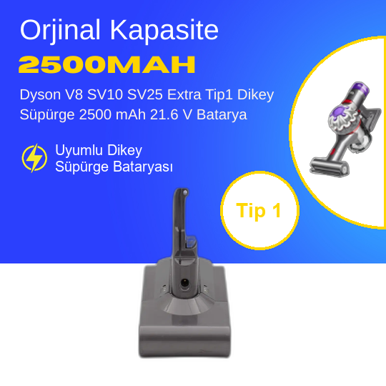 Dyson V8 SV10 SV25 Extra Tip1 Dikey Süpürge 2500 mAh 21.6 V  Batarya – Orjinal Uyumlu Uzun Ömürlü, Yüksek Performans Pil