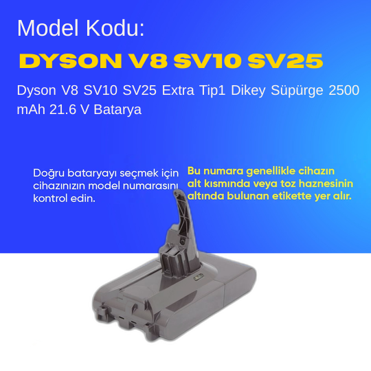 Dyson V8 SV10 SV25 Extra Tip1 Dikey Süpürge 2500 mAh 21.6 V  Batarya – Orjinal Uyumlu Uzun Ömürlü, Yüksek Performans Pil