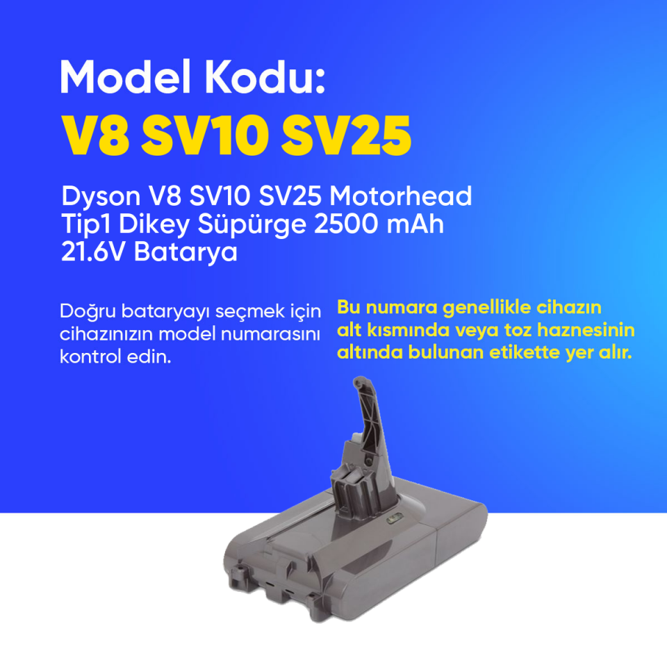 Dyson V8 SV10 SV25 Motorhead Tip1 Dikey Süpürge 2500 mAh 21.6 V  Batarya – Orjinal Uyumlu Uzun Ömürlü, Yüksek Performans Pil