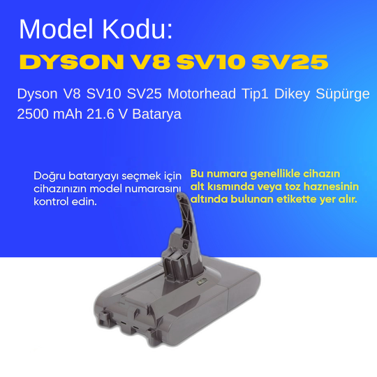 Dyson V8 SV10 SV25 Motorhead Tip1 Dikey Süpürge 2500 mAh 21.6 V  Batarya – Orjinal Uyumlu Uzun Ömürlü, Yüksek Performans Pil