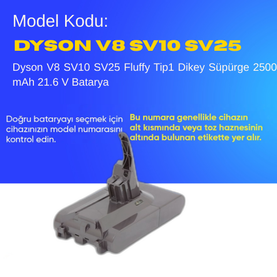Dyson V8 SV10 SV25 Fluffy Tip1 Dikey Süpürge 2500 mAh 21.6 V  Batarya – Orjinal Uyumlu Uzun Ömürlü, Yüksek Performans Pil