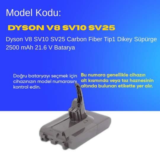 Dyson V8 SV10 SV25 Carbon Fiber Tip1 Dikey Süpürge 2500 mAh 21.6 V  Batarya – Orjinal Uyumlu Uzun Ömürlü, Yüksek Performans Pil