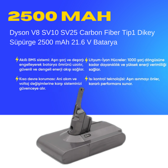 Dyson V8 SV10 SV25 Carbon Fiber Tip1 Dikey Süpürge 2500 mAh 21.6 V  Batarya – Orjinal Uyumlu Uzun Ömürlü, Yüksek Performans Pil