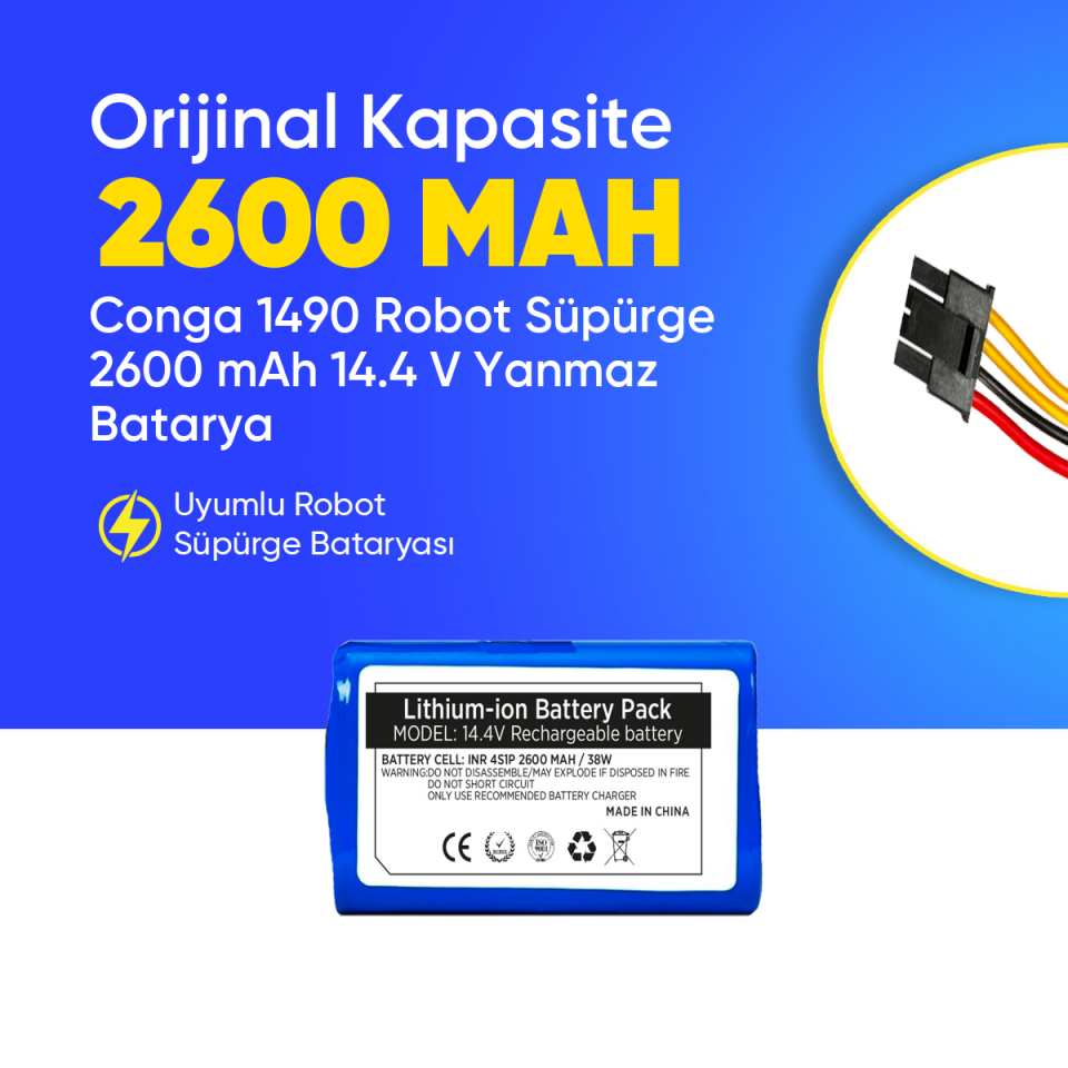 Conga 1490 Robot Süpürge 2600 mAh 14.4 V, Yanmaz Batarya – Orjinal Uyumlu Uzun Ömürlü, Yüksek Performans Pil