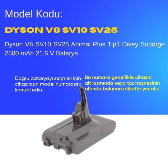 Dyson V8 SV10 SV25 Animal Plus Tip1 Dikey Süpürge 2500 mAh 21.6 V  Batarya – Orjinal Uyumlu Uzun Ömürlü, Yüksek Performans Pil