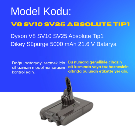 Dyson V8 SV10 SV25 Absolute Tip1 Dikey Süpürge 5000 mAh 21.6 V  Batarya – Orjinal Uyumlu Uzun Ömürlü, Yüksek Performans Pil
