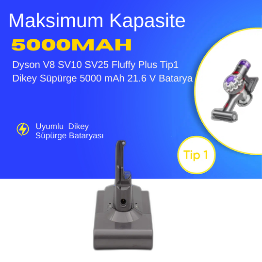 Dyson V8 SV10 SV25 Fluffy Plus Tip1 Dikey Süpürge 5000 mAh 21.6 V  Batarya – Orjinal Uyumlu Uzun Ömürlü, Yüksek Performans Pil