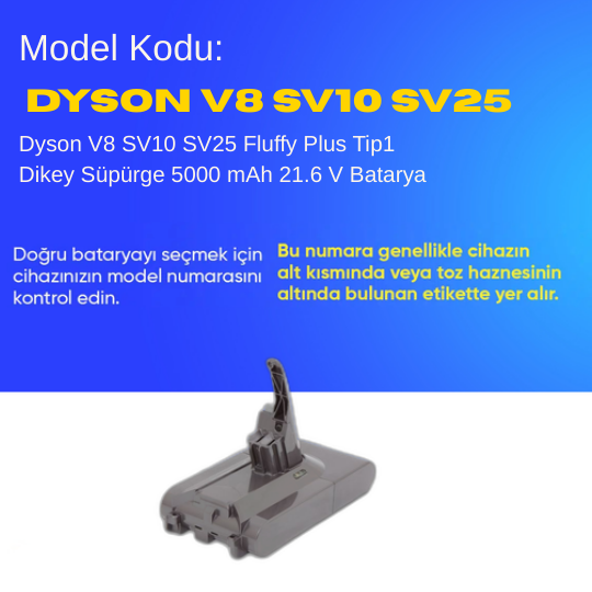 Dyson V8 SV10 SV25 Fluffy Plus Tip1 Dikey Süpürge 5000 mAh 21.6 V  Batarya – Orjinal Uyumlu Uzun Ömürlü, Yüksek Performans Pil