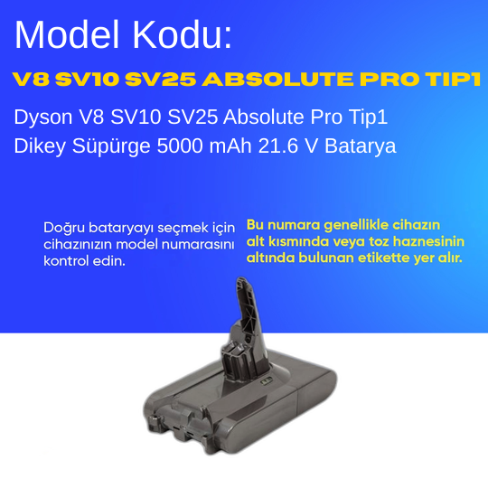 Dyson V8 SV10 SV25 Absolute Pro Tip1 Dikey Süpürge 5000 mAh 21.6 V  Batarya – Orjinal Uyumlu Uzun Ömürlü, Yüksek Performans Pil