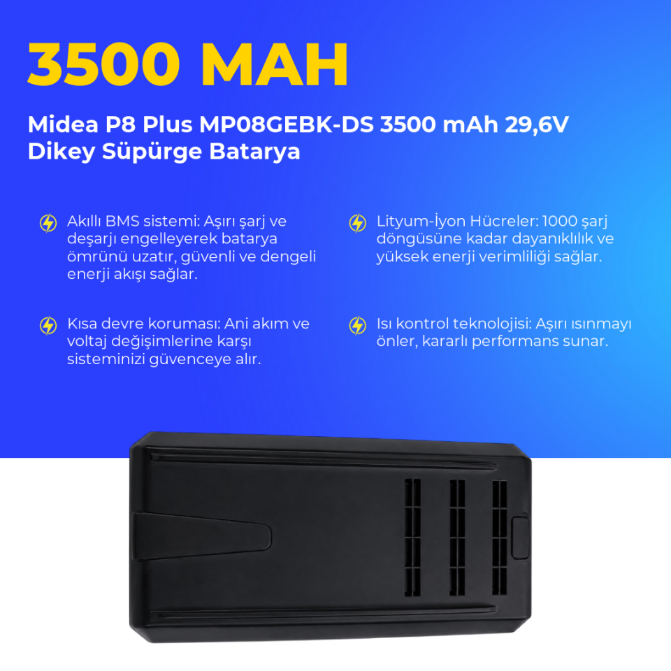 Midea P8 Plus MP08GEBK-DS 3500 mAh 29,6V Dikey Süpürge Batarya