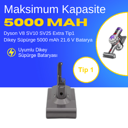 Dyson V8 SV10 SV25 Extra Tip1 Dikey Süpürge 5000 mAh 21.6 V  Batarya – Orjinal Uyumlu Uzun Ömürlü, Yüksek Performans Pil