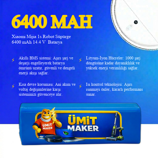 Xiamoi Mija 1 S Robot Süpürge 6400 mAh 14.4 V Kutulu Batarya