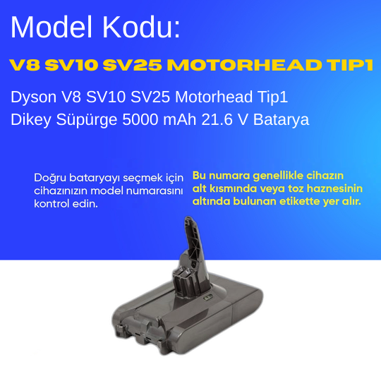 Dyson V8 SV10 SV25 Motorhead Tip1 Dikey Süpürge 5000 mAh 21.6 V  Batarya – Orjinal Uyumlu Uzun Ömürlü, Yüksek Performans Pil