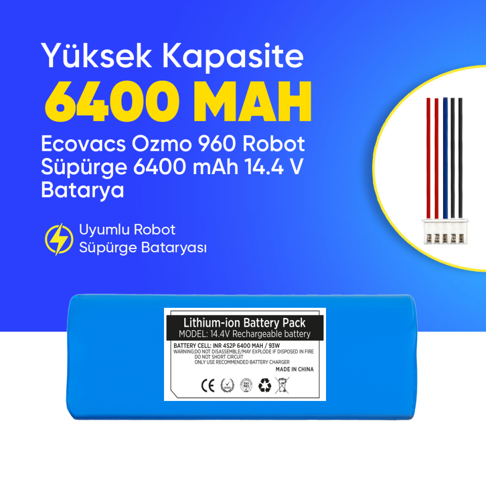 Ecovacs Ozmo 960 Robot Süpürge 6400 mAh 14.4 V  Batarya – Orjinal Uyumlu Uzun Ömürlü, Yüksek Performans Pil