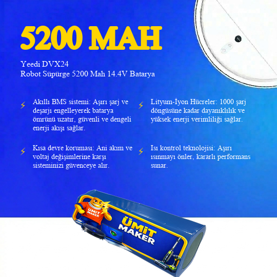 Yeedi DVX24 Robot Süpürge 5200 Mah 14.4V Batarya – Orjinal Uyumlu Uzun Ömürlü, Yüksek Performans Pil