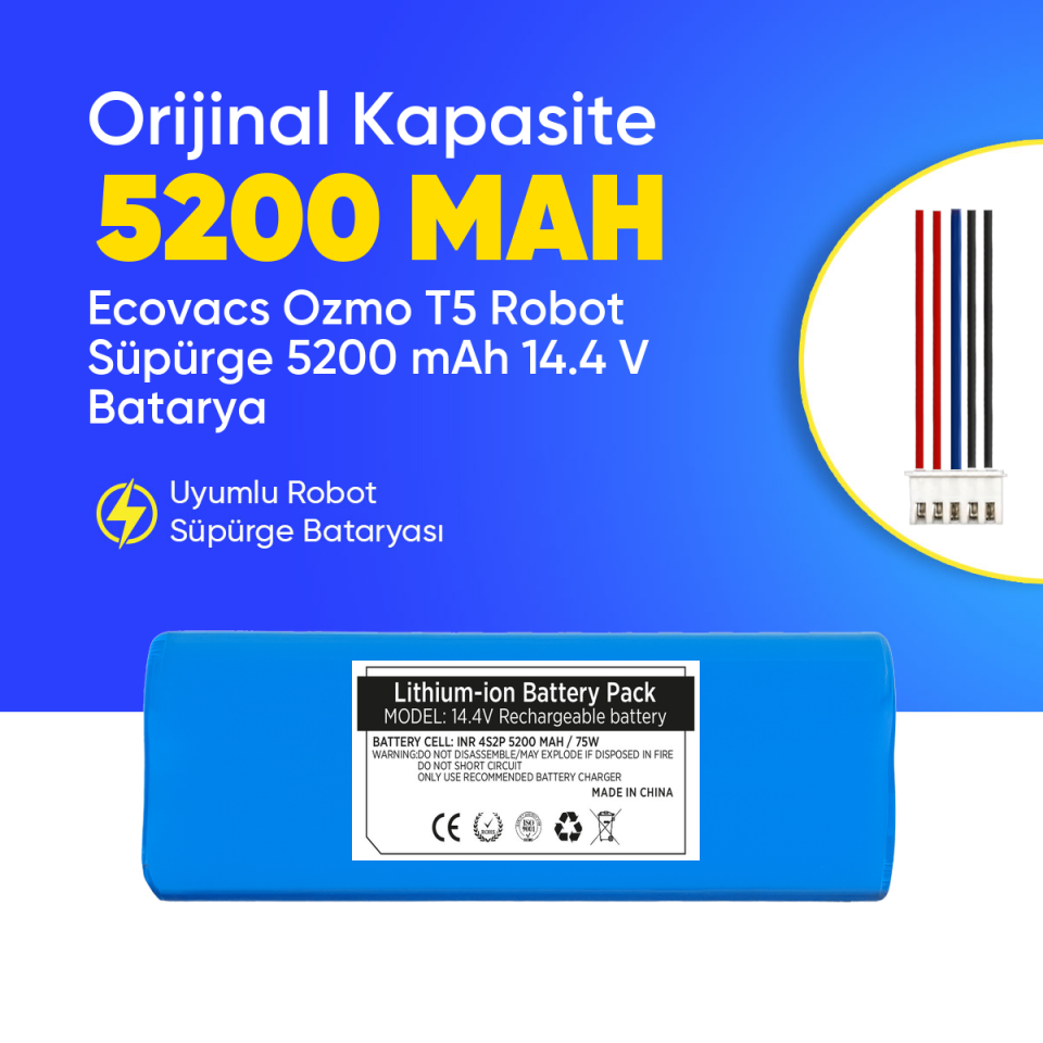 Ecovacs Ozmo T5 Robot Süpürge 5200 mAh 14.4 V  Batarya – Orjinal Uyumlu Uzun Ömürlü, Yüksek Performans Pil