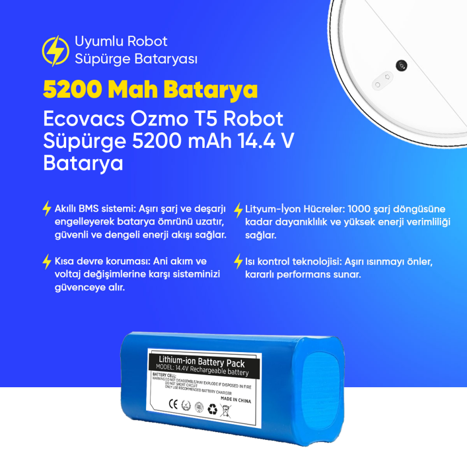 Ecovacs Ozmo T5 Robot Süpürge 5200 mAh 14.4 V  Batarya – Orjinal Uyumlu Uzun Ömürlü, Yüksek Performans Pil