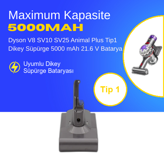 Dyson V8 SV10 SV25 Animal Plus Tip1 Dikey Süpürge 5000 mAh 21.6 V  Batarya – Orjinal Uyumlu Uzun Ömürlü, Yüksek Performans Pil