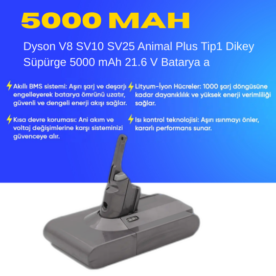Dyson V8 SV10 SV25 Animal Plus Tip1 Dikey Süpürge 5000 mAh 21.6 V  Batarya – Orjinal Uyumlu Uzun Ömürlü, Yüksek Performans Pil