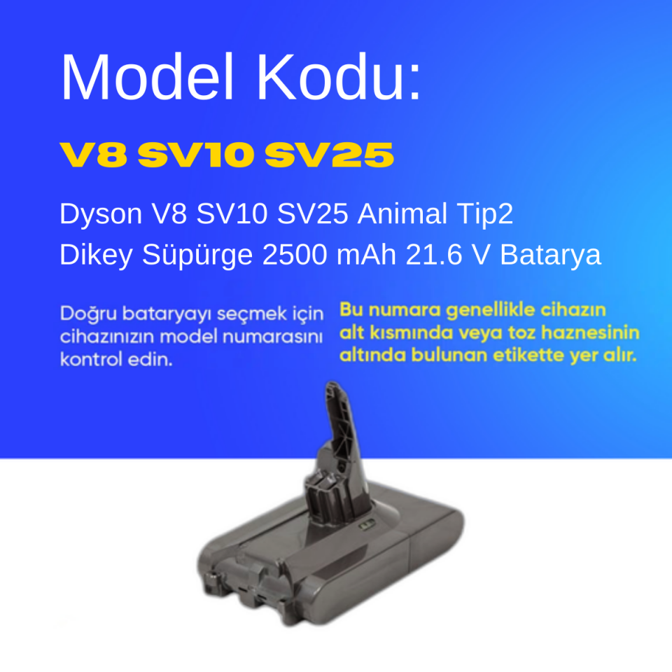 Dyson V8 SV10 SV25 Animal Tip2 Dikey Süpürge 2500 mAh 21.6 V  Batarya – Orjinal Uyumlu Uzun Ömürlü, Yüksek Performans Pil