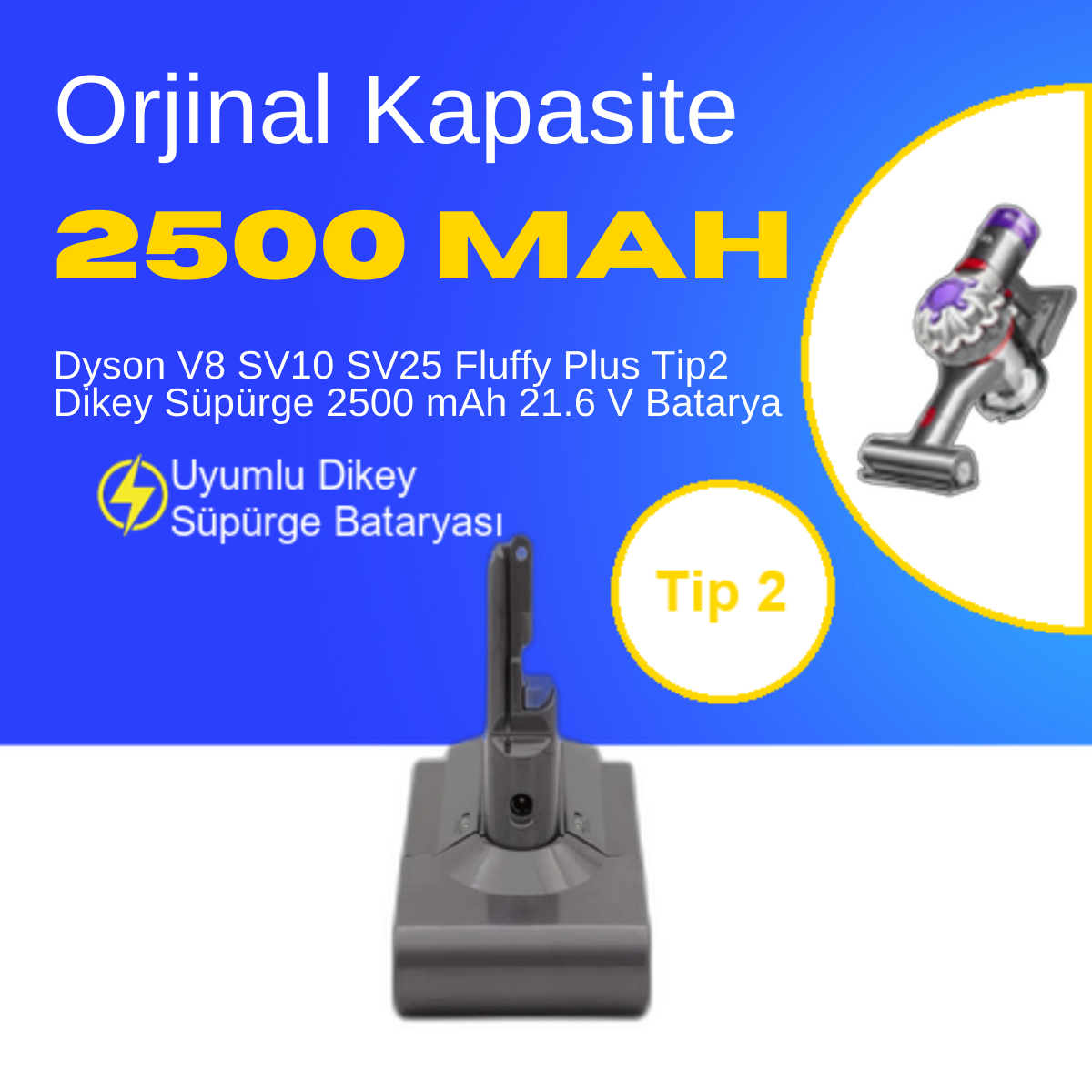 Dyson V8 SV10 SV25 Fluffy Plus Tip2 Dikey Süpürge 2500 mAh 21.6 V  Batarya – Orjinal Uyumlu Uzun Ömürlü, Yüksek Performans Pil