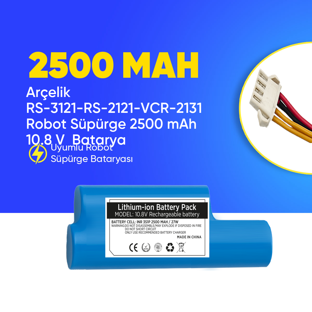 Arçelik RS-3121-RS-2121-VCR-2131 Robot Süpürge 2500 mAh 10.8 V  Batarya – Orjinal Uyumlu Uzun Ömürlü, Yüksek Performans Pil