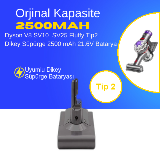 Dyson V8 SV10 SV25 Fluffy Tip2 Dikey Süpürge 2500 mAh 21.6 V  Batarya – Orjinal Uyumlu Uzun Ömürlü, Yüksek Performans Pil
