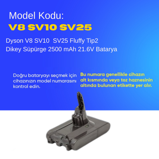 Dyson V8 SV10 SV25 Fluffy Tip2 Dikey Süpürge 2500 mAh 21.6 V  Batarya – Orjinal Uyumlu Uzun Ömürlü, Yüksek Performans Pil