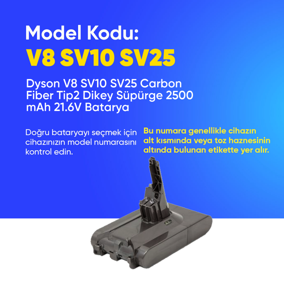Dyson V8 SV10 SV25 Carbon Fiber Tip2 Dikey Süpürge 2500 mAh 21.6 V  Batarya – Orjinal Uyumlu Uzun Ömürlü, Yüksek Performans Pil