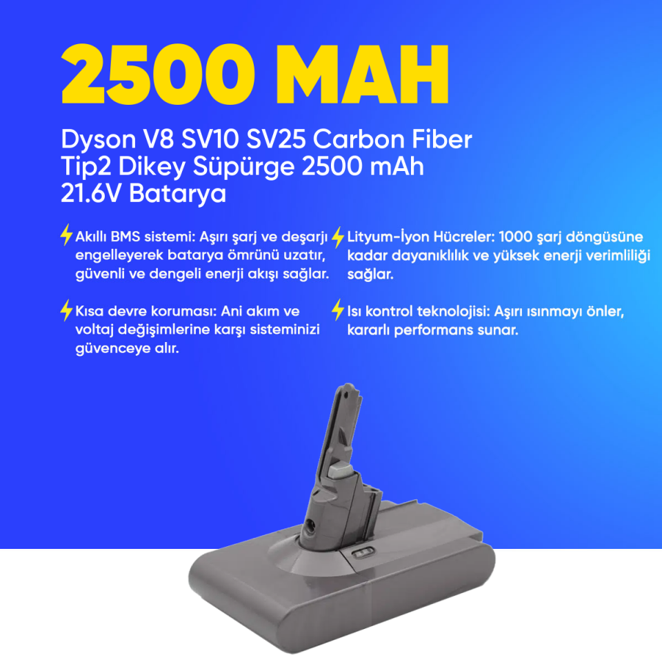 Dyson V8 SV10 SV25 Carbon Fiber Tip2 Dikey Süpürge 2500 mAh 21.6 V  Batarya – Orjinal Uyumlu Uzun Ömürlü, Yüksek Performans Pil