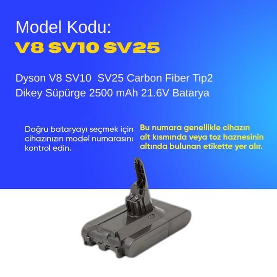 Dyson V8 SV10 SV25 Carbon Fiber Tip2 Dikey Süpürge 2500 mAh 21.6 V  Batarya – Orjinal Uyumlu Uzun Ömürlü, Yüksek Performans Pil