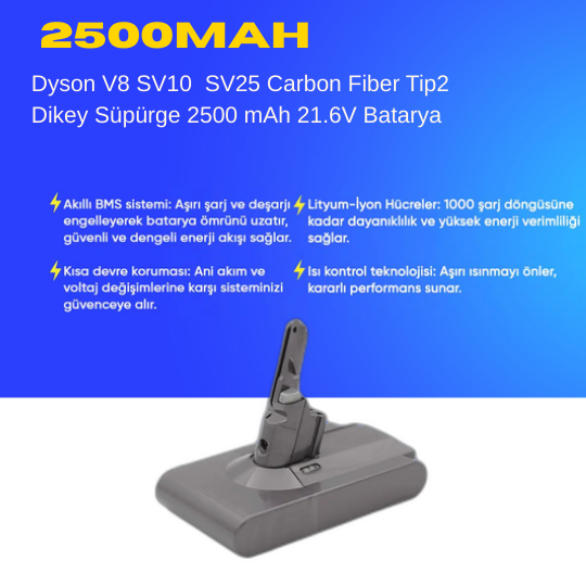 Dyson V8 SV10 SV25 Carbon Fiber Tip2 Dikey Süpürge 2500 mAh 21.6 V  Batarya – Orjinal Uyumlu Uzun Ömürlü, Yüksek Performans Pil