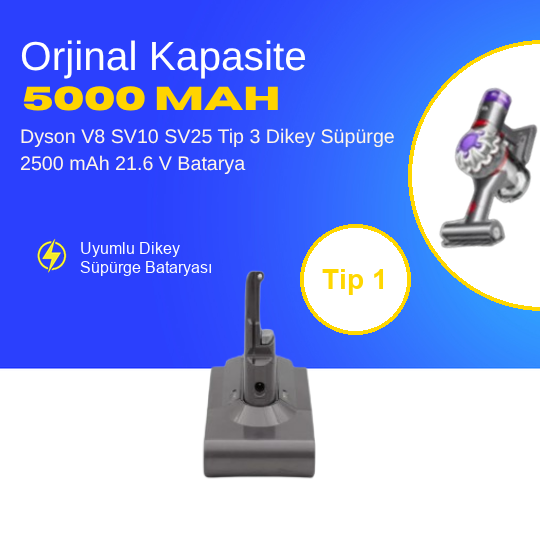 Dyson V8 SV10 SV25 Tip 1 Dikey Süpürge 5000 mAh 21.6 V  Batarya – Orjinal Uyumlu Uzun Ömürlü, Yüksek Performans Pil