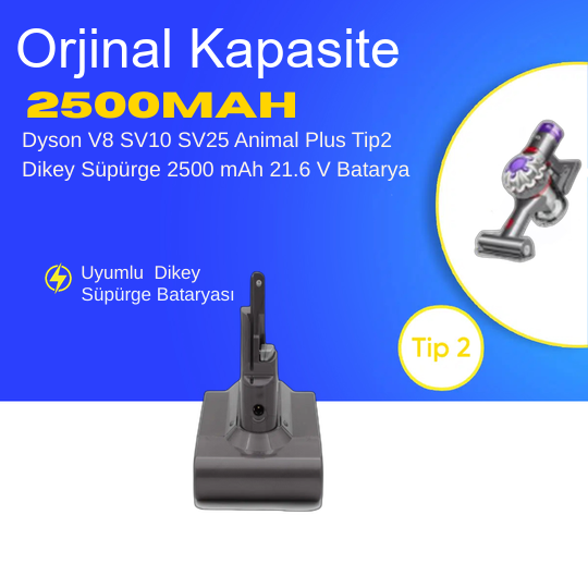 Dyson V8 SV10 SV25 Animal Plus Tip2 Dikey Süpürge 2500 mAh 21.6 V  Batarya – Orjinal Uyumlu Uzun Ömürlü, Yüksek Performans Pil