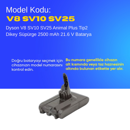 Dyson V8 SV10 SV25 Animal Plus Tip2 Dikey Süpürge 2500 mAh 21.6 V  Batarya – Orjinal Uyumlu Uzun Ömürlü, Yüksek Performans Pil