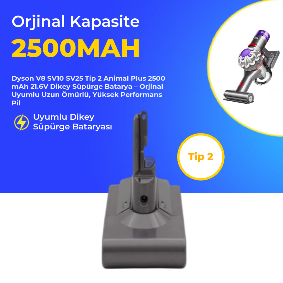 Dyson V8 SV10 SV25 Animal Plus Tip2 Dikey Süpürge 2500 mAh 21.6 V  Batarya – Orjinal Uyumlu Uzun Ömürlü, Yüksek Performans Pil