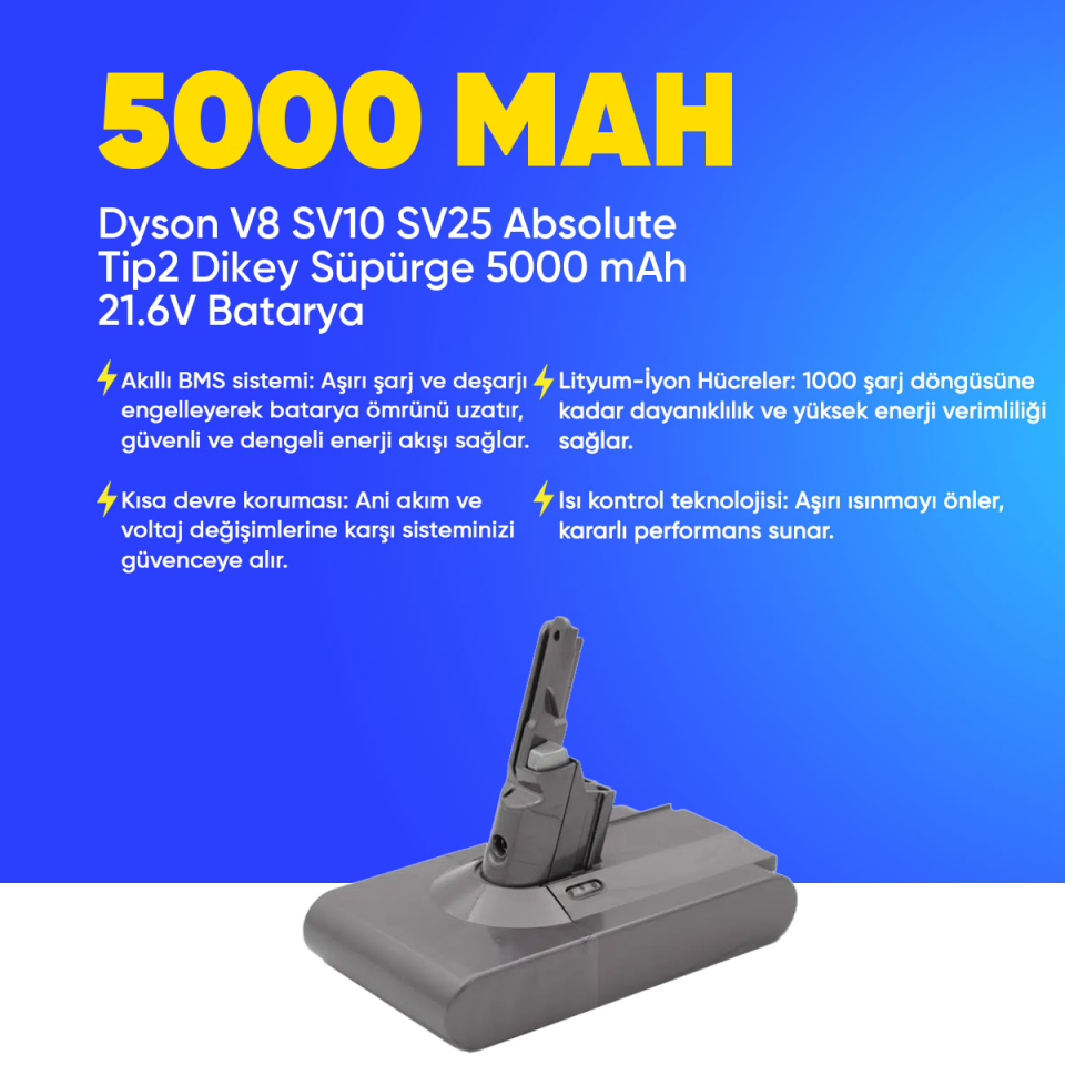 Dyson V8 SV10 SV25 Absolute Tip2 Dikey Süpürge 5000 mAh 21.6 V  Batarya – Orjinal Uyumlu Uzun Ömürlü, Yüksek Performans Pil