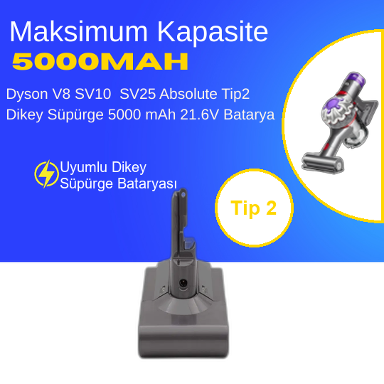Dyson V8 SV10 SV25 Absolute Tip2 Dikey Süpürge 5000 mAh 21.6 V  Batarya – Orjinal Uyumlu Uzun Ömürlü, Yüksek Performans Pil