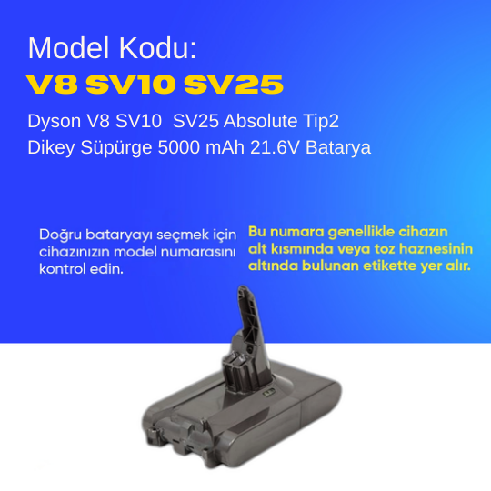 Dyson V8 SV10 SV25 Absolute Tip2 Dikey Süpürge 5000 mAh 21.6 V  Batarya – Orjinal Uyumlu Uzun Ömürlü, Yüksek Performans Pil