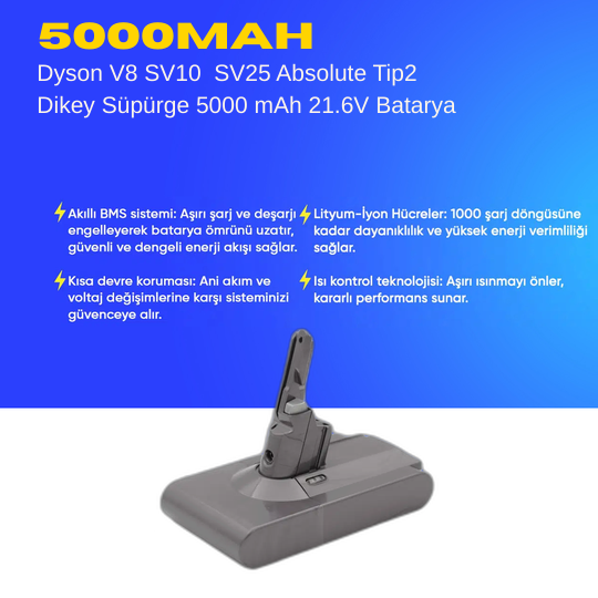 Dyson V8 SV10 SV25 Absolute Tip2 Dikey Süpürge 5000 mAh 21.6 V  Batarya – Orjinal Uyumlu Uzun Ömürlü, Yüksek Performans Pil