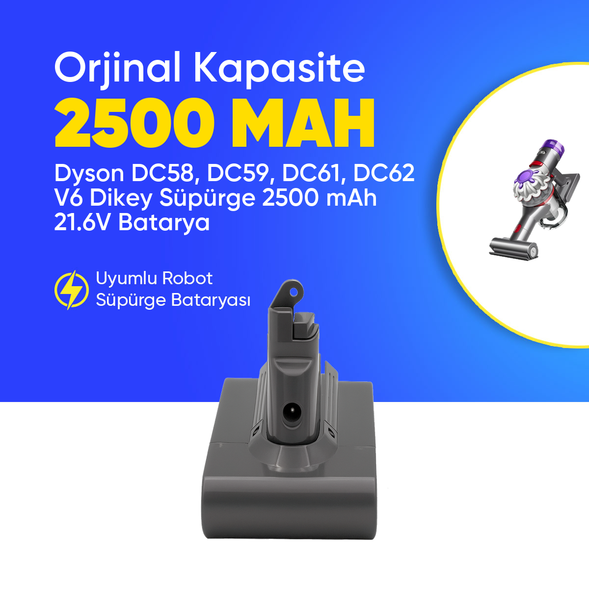 Dyson DC58, DC59, DC61, DC62 V6 Dikey Süpürge 2500 mAh 21.6 V  Batarya – Orjinal Uyumlu Uzun Ömürlü, Yüksek Performans Pil