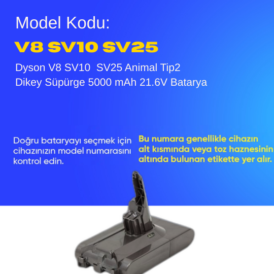 Dyson V8 SV10 SV25 Animal Tip2 Dikey Süpürge 5000 mAh 21.6 V  Batarya – Orjinal Uyumlu Uzun Ömürlü, Yüksek Performans Pil