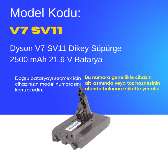 Dyson V7 SV11 Dikey Süpürge 2500 mAh 21.6 V  Batarya – Orjinal Uyumlu Uzun Ömürlü, Yüksek Performans Pil