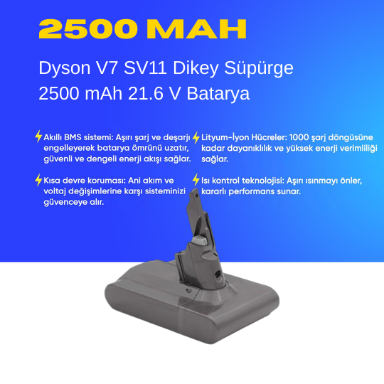 Dyson V7 SV11 Dikey Süpürge 2500 mAh 21.6 V  Batarya – Orjinal Uyumlu Uzun Ömürlü, Yüksek Performans Pil