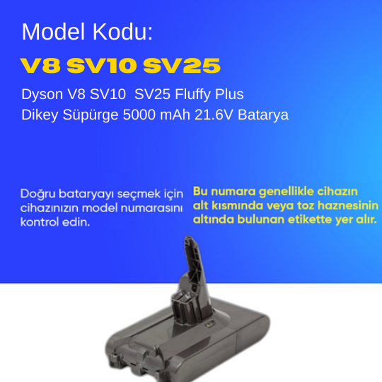 Dyson V8 SV10 SV25 Fluffy Plus Tip2 Dikey Süpürge 5000 mAh 21.6 V  Batarya – Orjinal Uyumlu Uzun Ömürlü, Yüksek Performans Pil